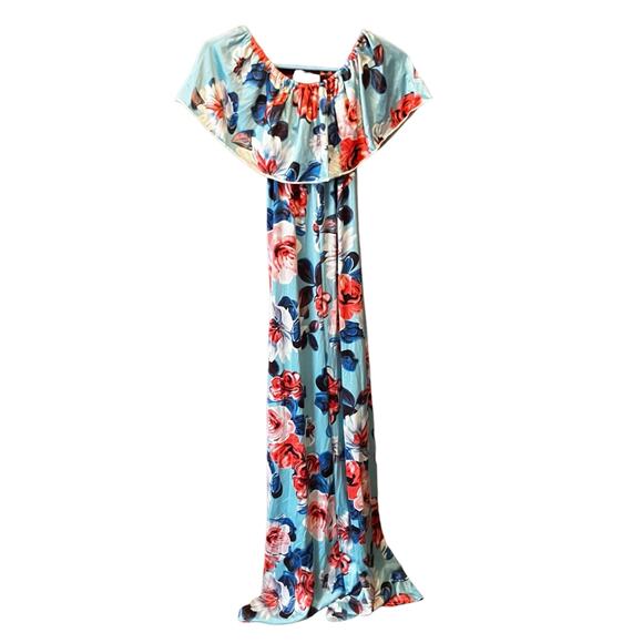 Off Shoulder Floral Maxi Dress Blue Red Multicolor Summer Boho Boutique Style - Picture 4 of 7